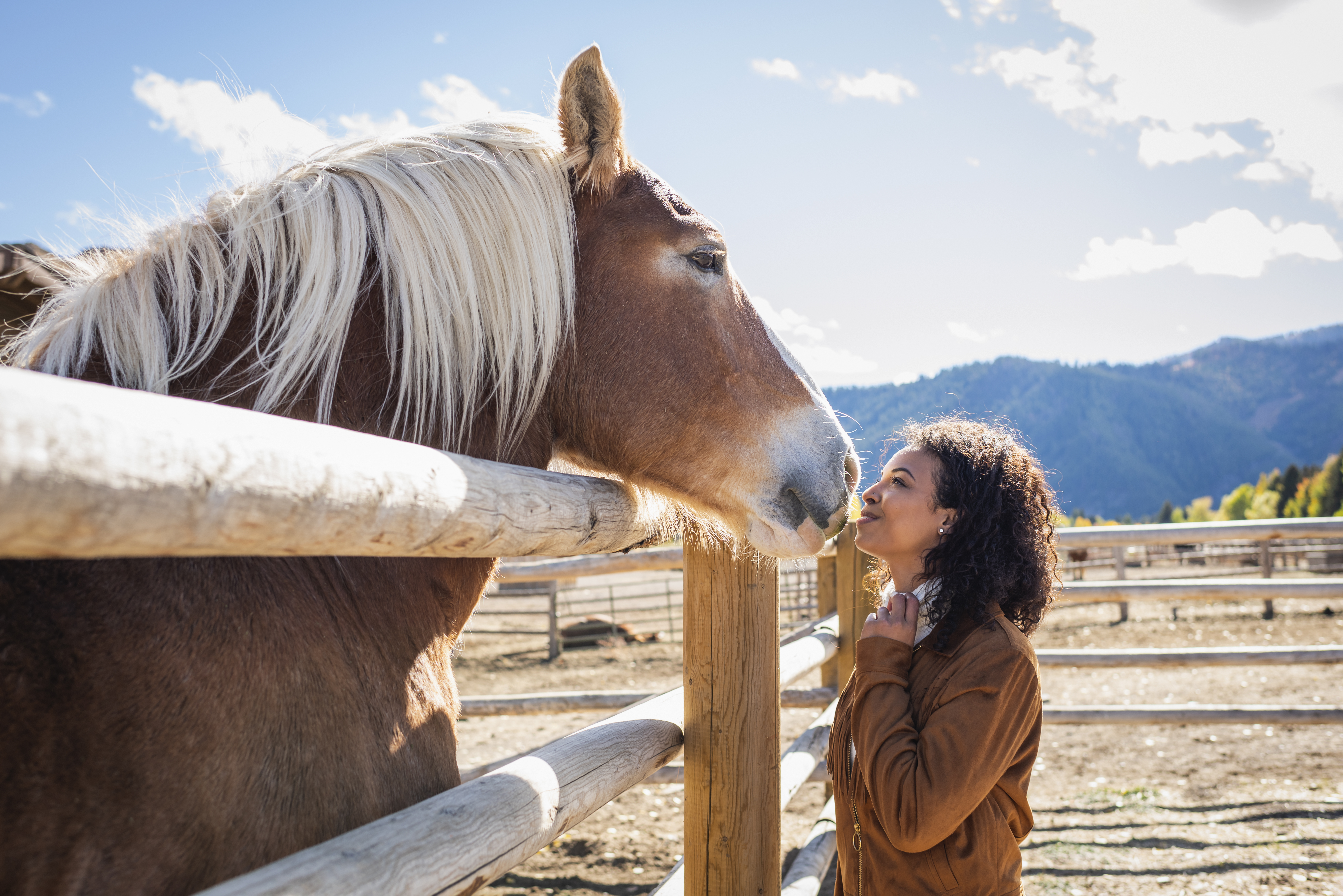 Young woman in western corral with horse.